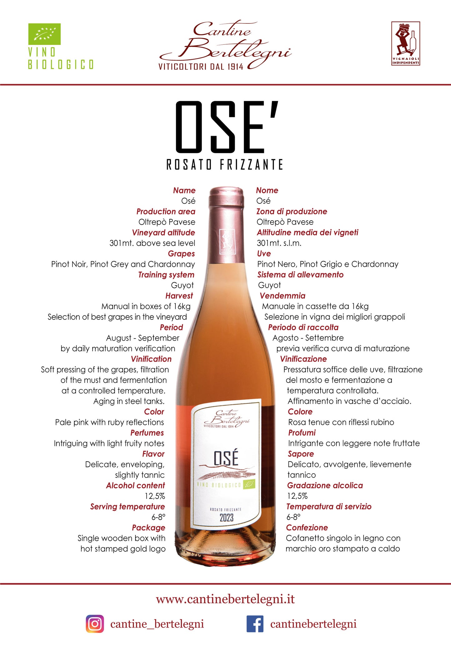OSE' - Rosato frizzante da uve Pinot Nero, Pinot Grigio e Chardonnay