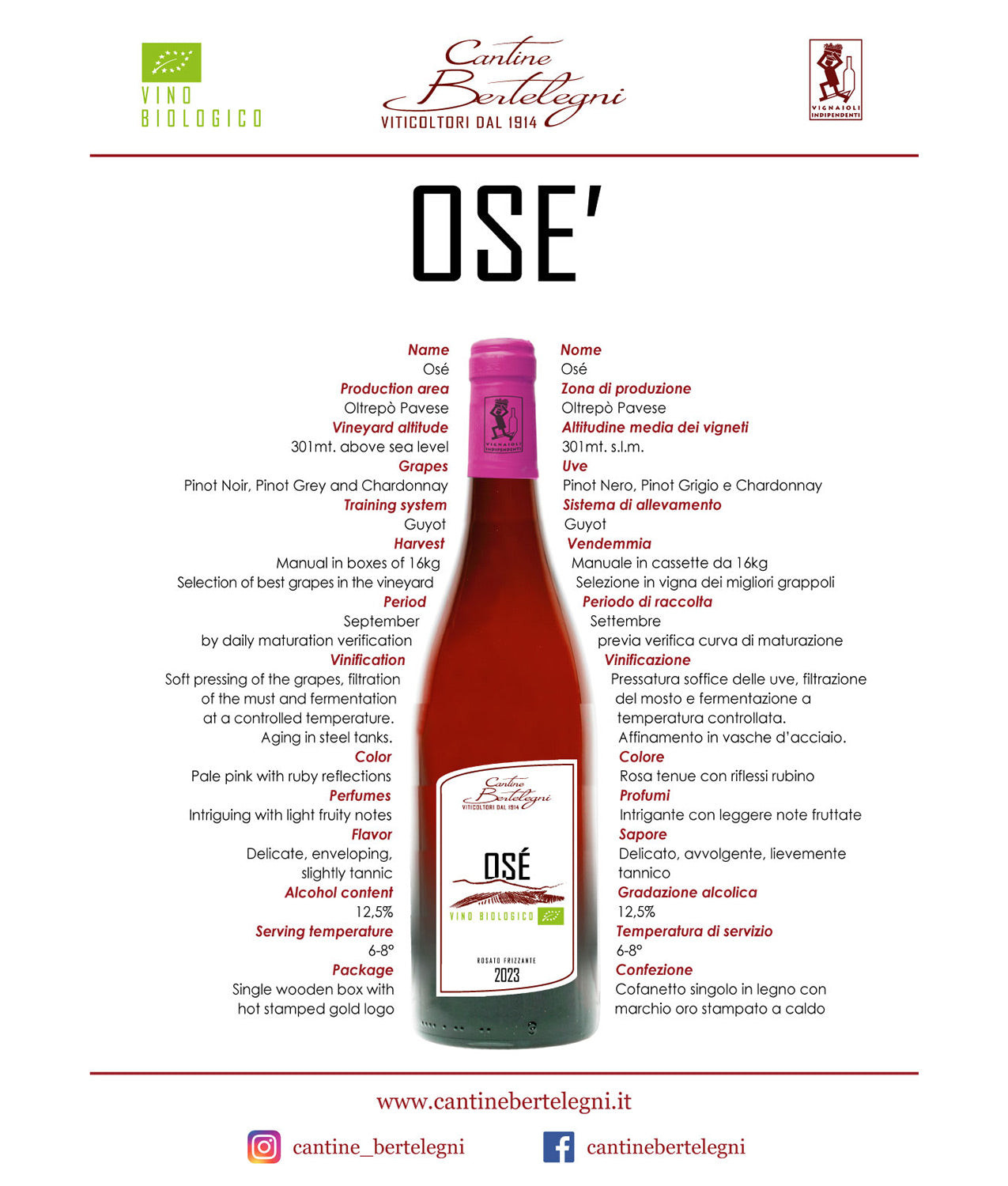 OSE' - Sparkling rosé from Pinot Noir, Pinot Grigio and Chardonnay grapes